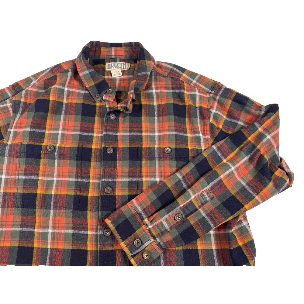 Duluth Trading Co Mens Flannel Shirt‎ BLUE GREEN Long Sleeve Slim Fit LG-TALL